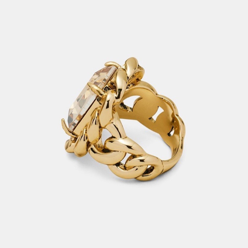 Gold Chain-Link Ring Champagne Crystal Oversized Glamour Statement 9 - Picture 3 of 4